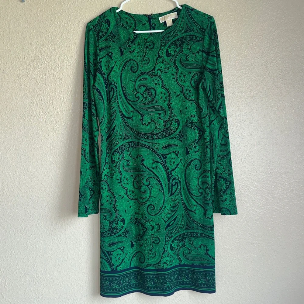 Michael Kors Jersey Shift Dress Green & Paisley Pattern Long Sleeve Sheath Med